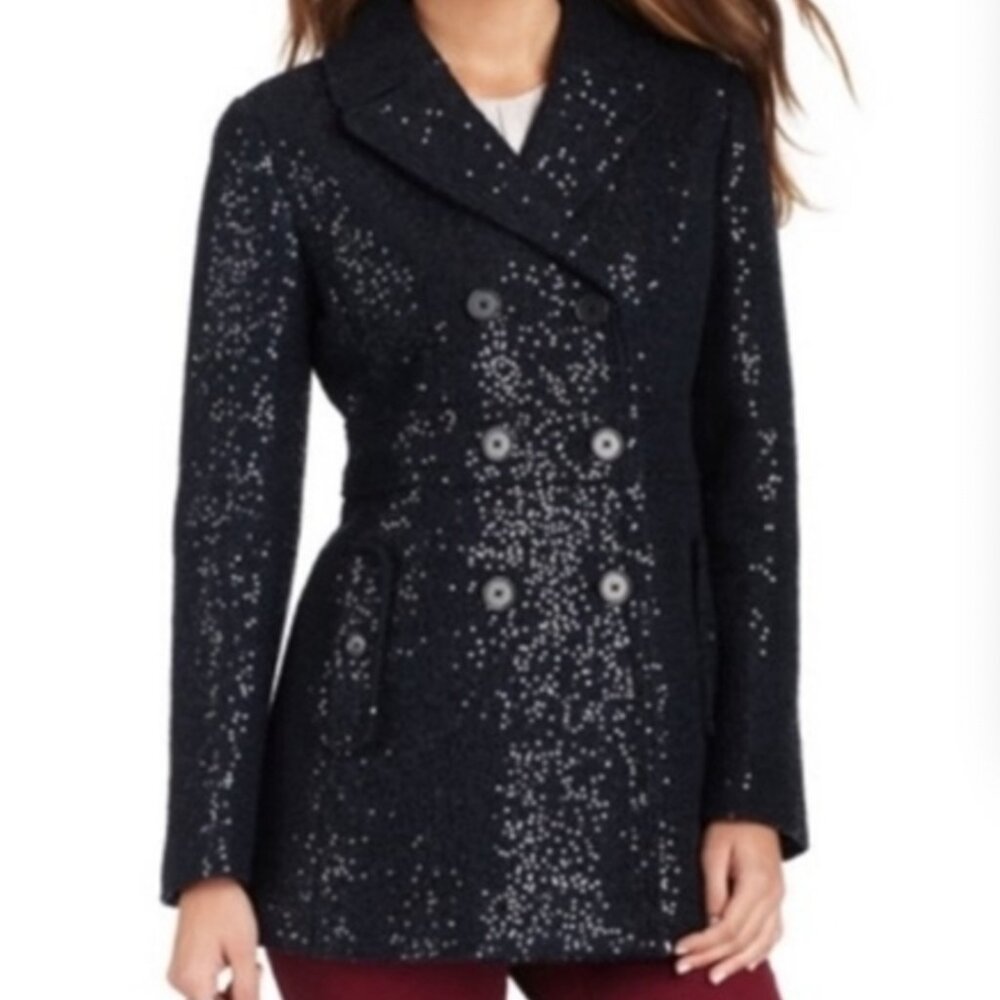 LOFT sequined navy peacoat women's 0 petite